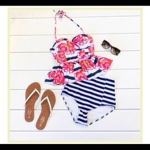 Floral and Striped 2 Piece Swimsuit
